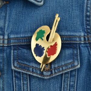 Vintage, Gold Tone Paint Pallete and Paint Brushes Pin or Brooch by MJ Ent